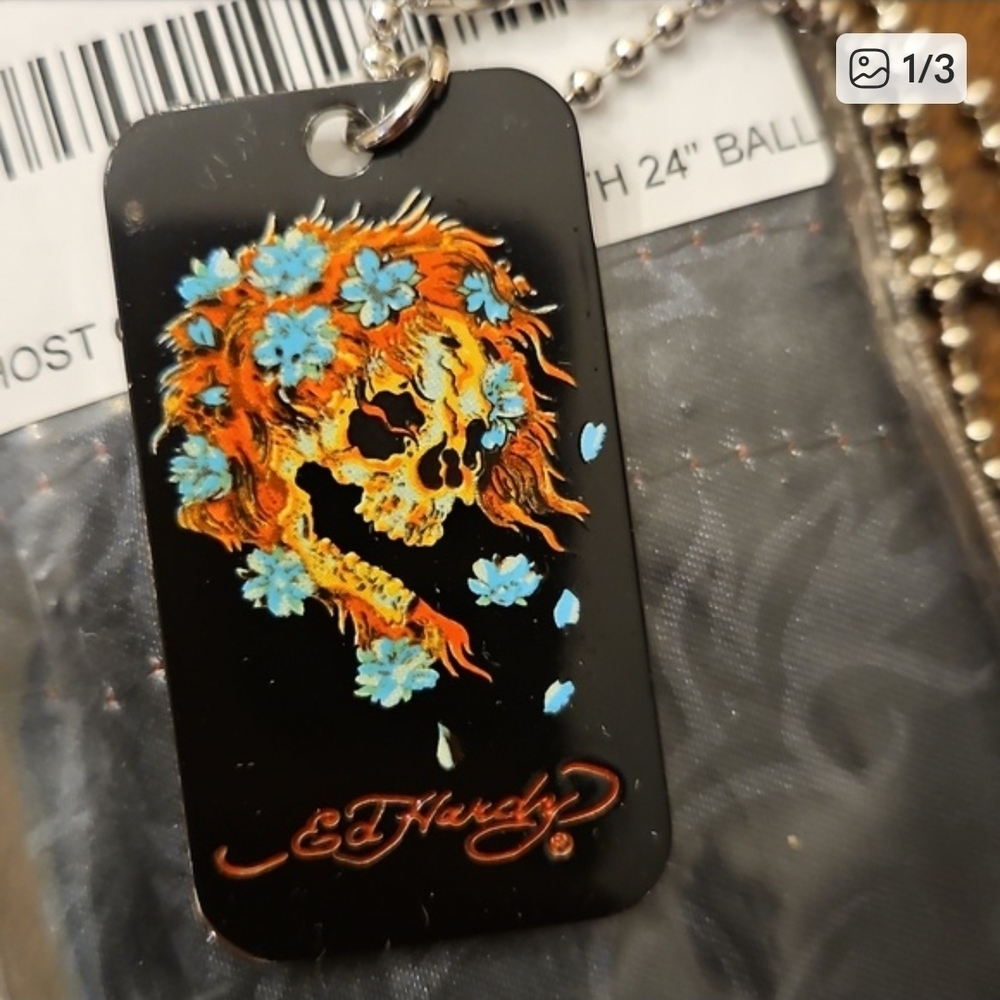 Ed Hardy Silver Dog Tag Necklace with Red Logo